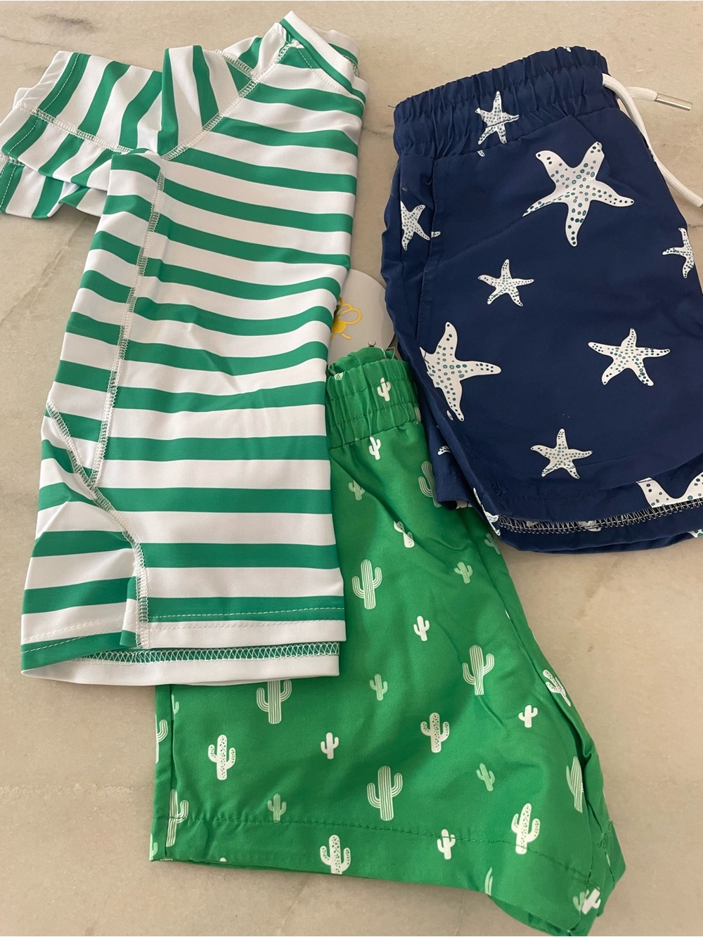 Kids Green Striped & Cactus Swim Set with Navy Starfish Trunks